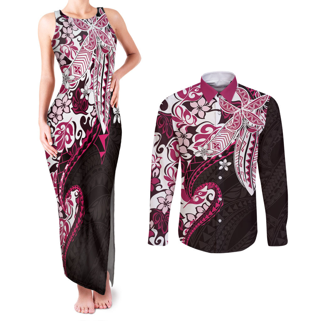 Monstera Plumeria Flowers Pink Couples Matching Tank Maxi Dress and Long Sleeve Button Shirt Polynesian Pattern