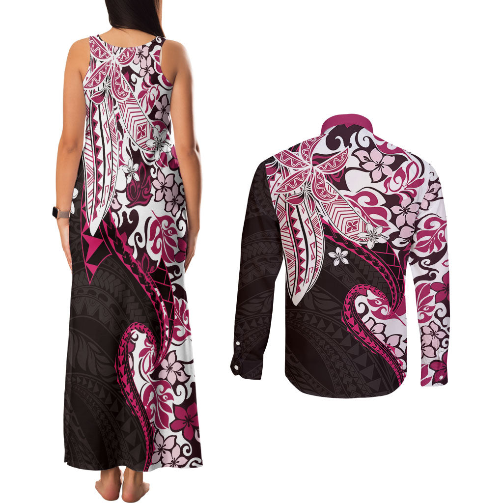 Monstera Plumeria Flowers Pink Couples Matching Tank Maxi Dress and Long Sleeve Button Shirt Polynesian Pattern