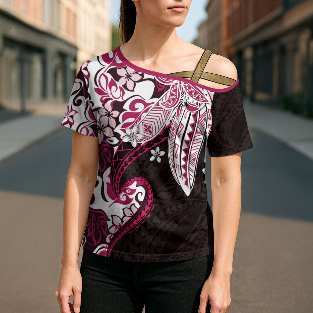 Monstera Plumeria Flowers Pink Cross Shoulder Shirt Polynesian Pattern