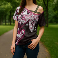 Monstera Plumeria Flowers Pink Cross Shoulder Shirt Polynesian Pattern