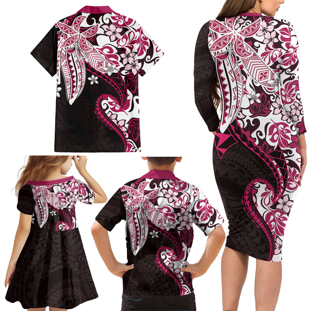 Monstera Plumeria Flowers Pink Family Matching Long Sleeve Bodycon Dress and Hawaiian Shirt Polynesian Pattern LT01 - Polynesian Pride