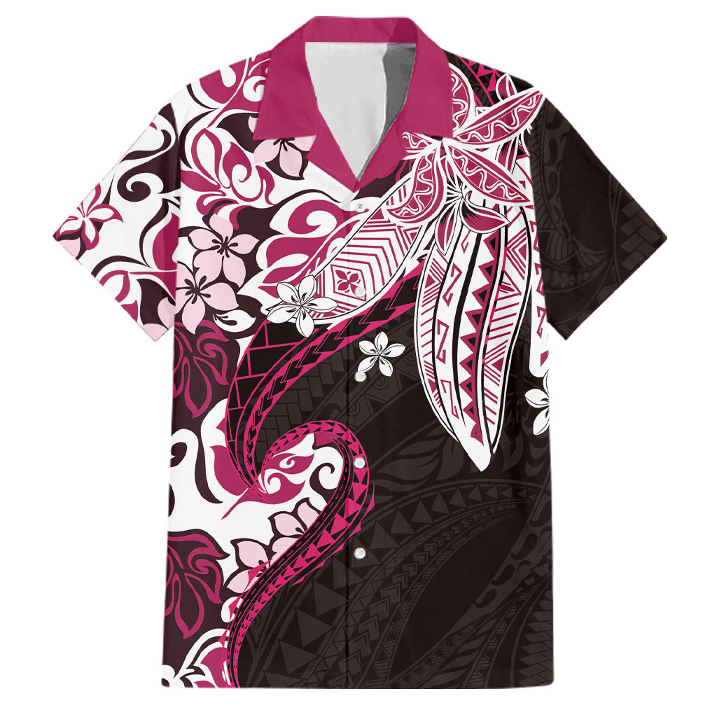 Monstera Plumeria Flowers Pink Family Matching Long Sleeve Bodycon Dress and Hawaiian Shirt Polynesian Pattern LT01 Dad's Shirt - Short Sleeve Pink - Polynesian Pride