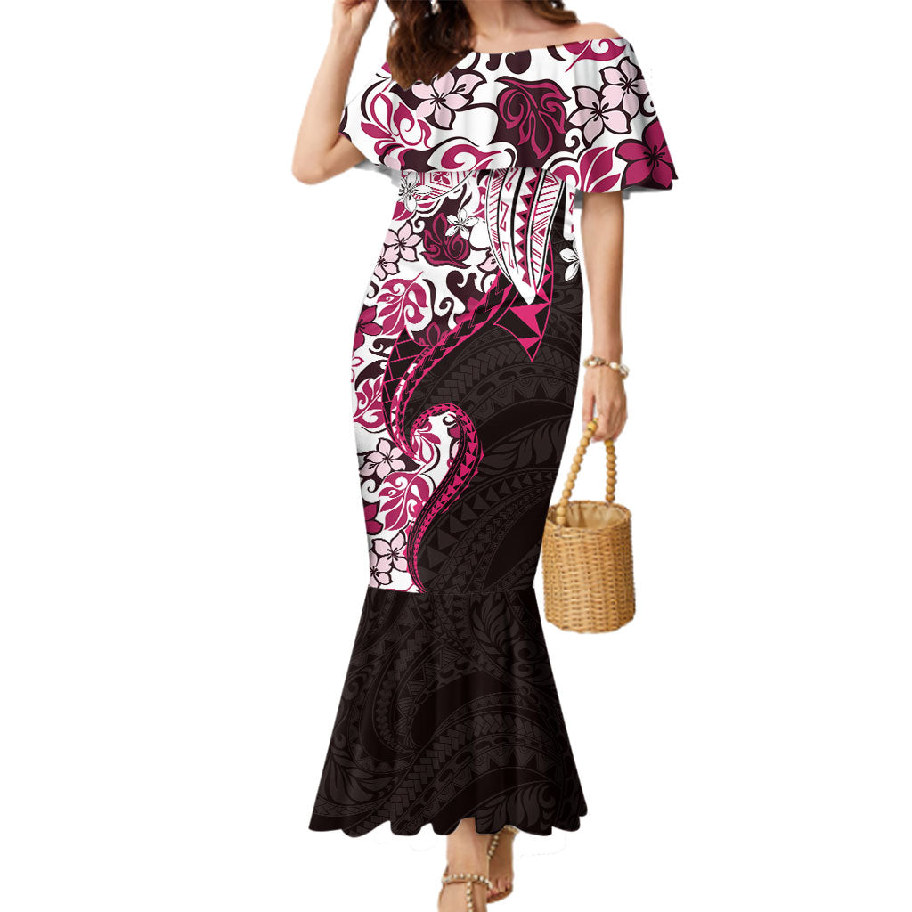 Monstera Plumeria Flowers Pink Family Matching Mermaid Dress and Hawaiian Shirt Polynesian Pattern LT01 Mom's Dress Pink - Polynesian Pride