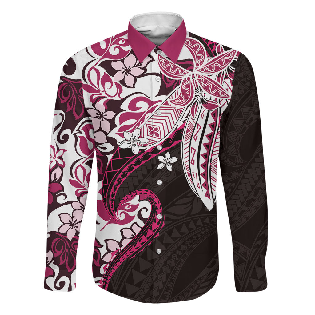 Monstera Plumeria Flowers Pink Family Matching Off Shoulder Maxi Dress and Hawaiian Shirt Polynesian Pattern