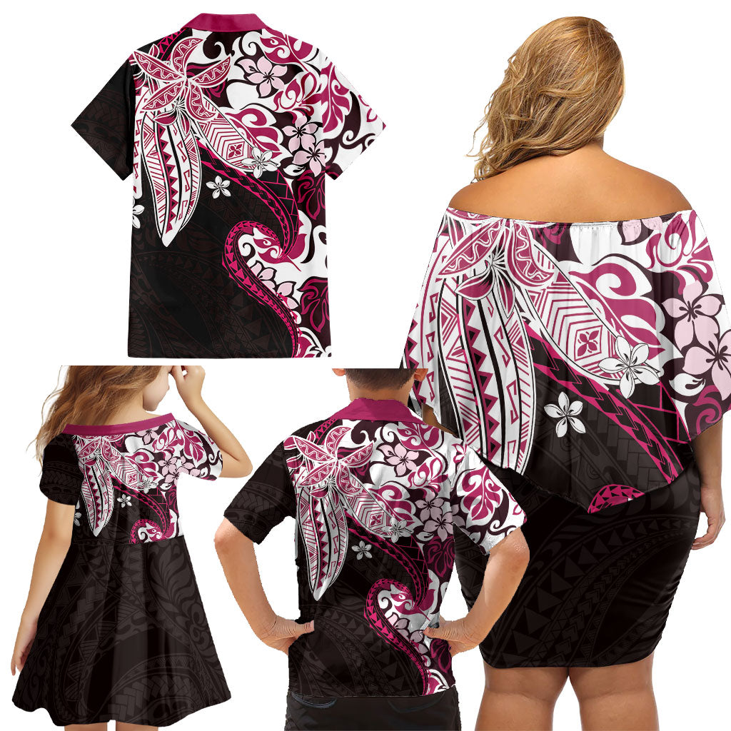 Monstera Plumeria Flowers Pink Family Matching Off Shoulder Short Dress and Hawaiian Shirt Polynesian Pattern
