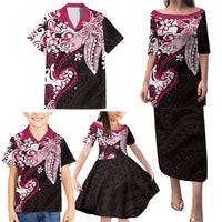 Monstera Plumeria Flowers Pink Family Matching Puletasi and Hawaiian Shirt Polynesian Pattern