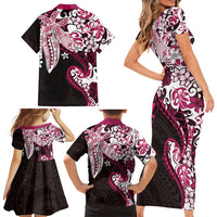 Monstera Plumeria Flowers Pink Family Matching Short Sleeve Bodycon Dress and Hawaiian Shirt Polynesian Pattern LT01 - Polynesian Pride