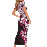 Monstera Plumeria Flowers Pink Family Matching Short Sleeve Bodycon Dress and Hawaiian Shirt Polynesian Pattern LT01 - Polynesian Pride