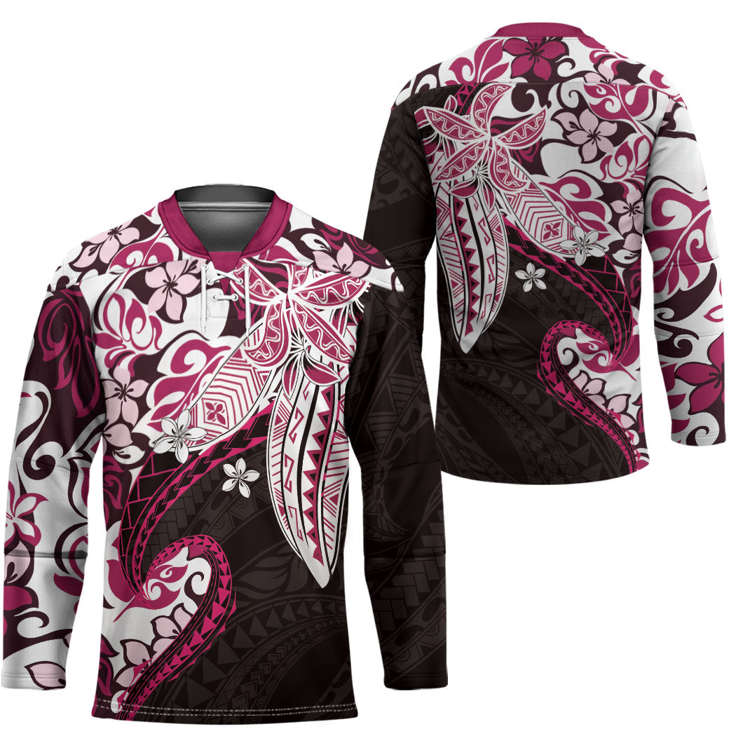 Monstera Plumeria Flowers Pink Hockey Jersey Polynesian Pattern
