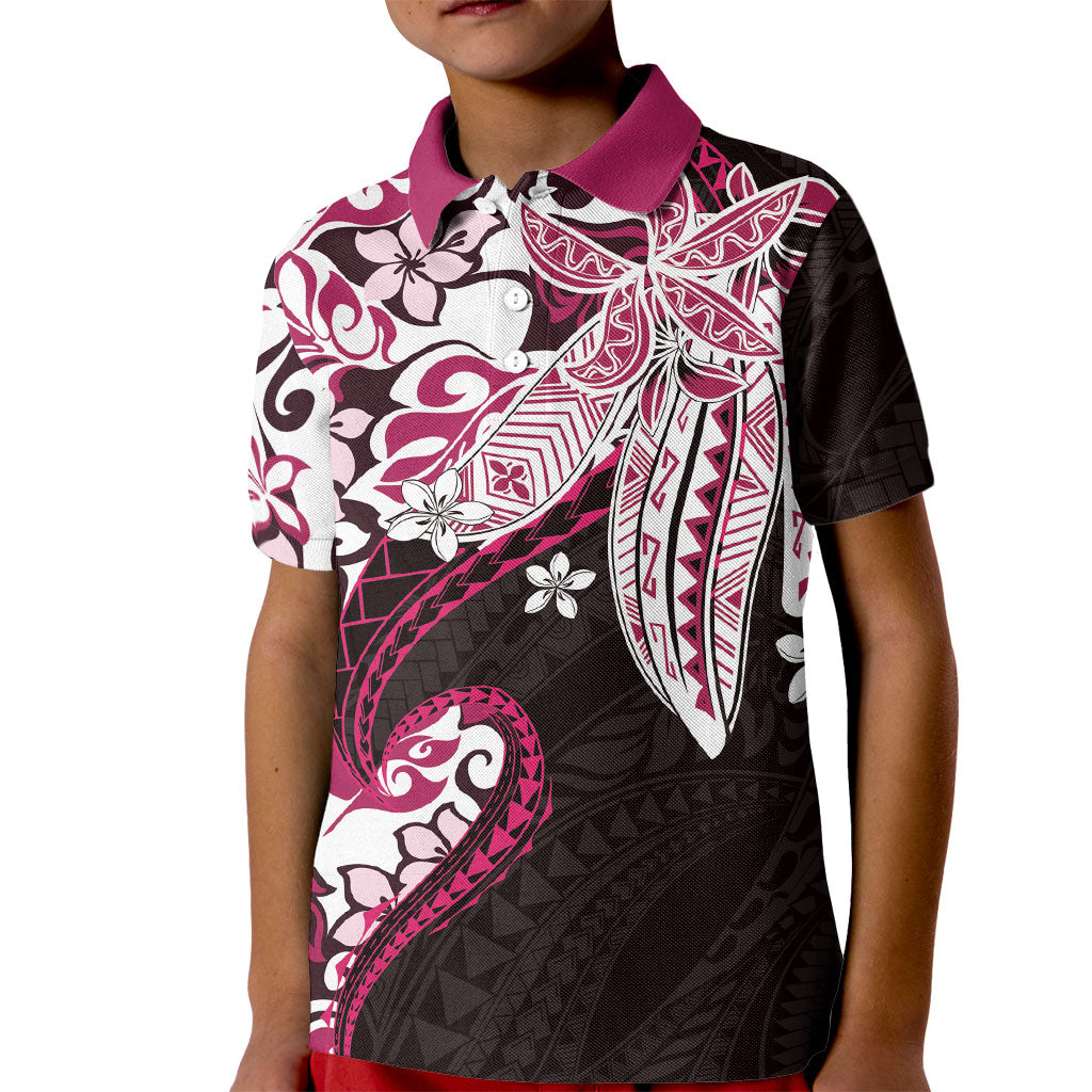 Monstera Plumeria Flowers Pink Kid Polo Shirt Polynesian Pattern
