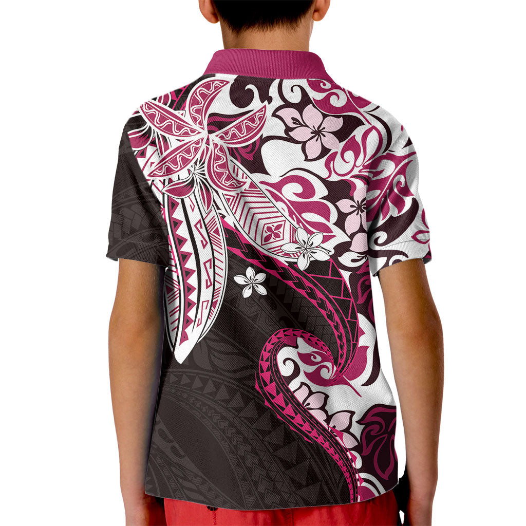 Monstera Plumeria Flowers Pink Kid Polo Shirt Polynesian Pattern