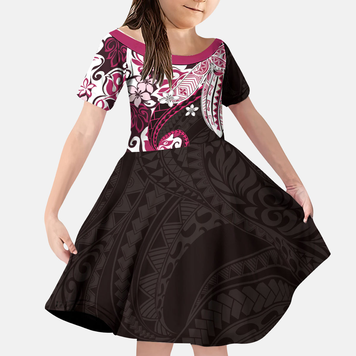 Monstera Plumeria Flowers Pink Kid Short Sleeve Dress Polynesian Pattern
