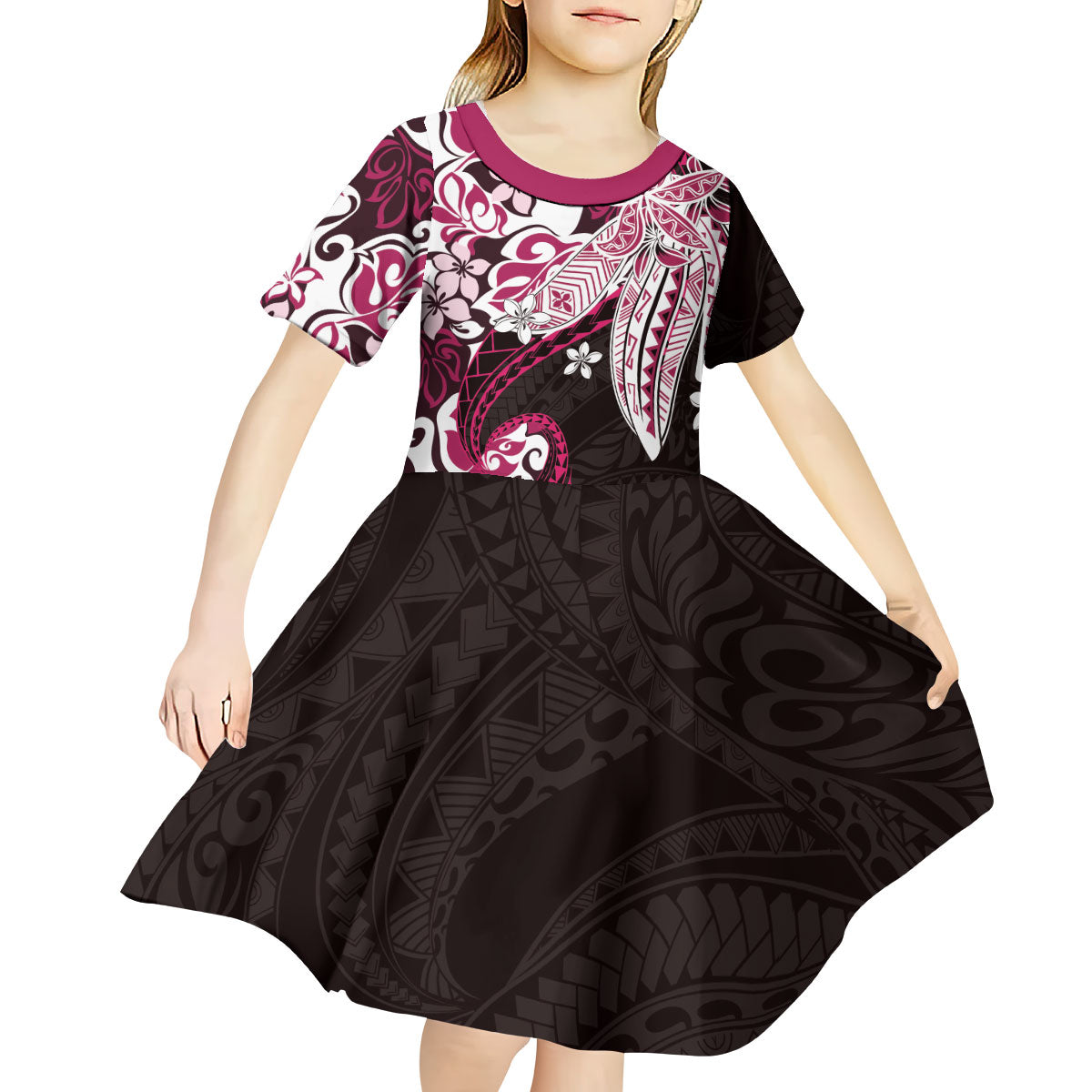 Monstera Plumeria Flowers Pink Kid Short Sleeve Dress Polynesian Pattern