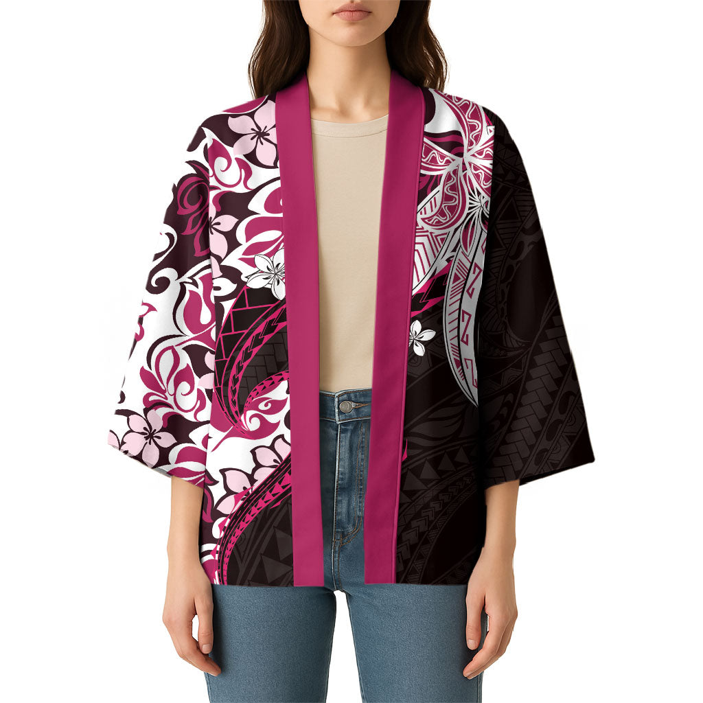 Monstera Plumeria Flowers Pink Kimono Polynesian Pattern