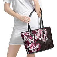 Monstera Plumeria Flowers Pink Leather Tote Bag Polynesian Pattern