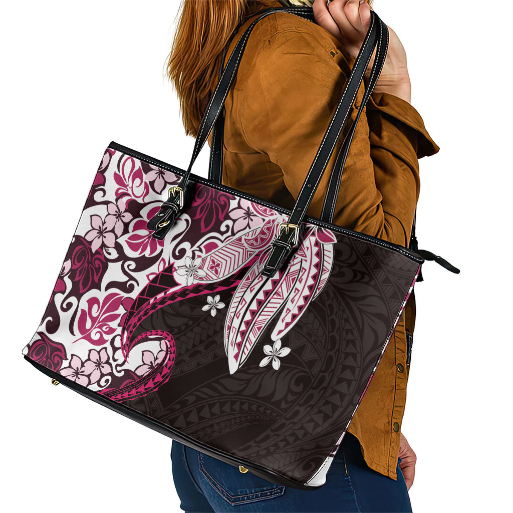 Monstera Plumeria Flowers Pink Leather Tote Bag Polynesian Pattern
