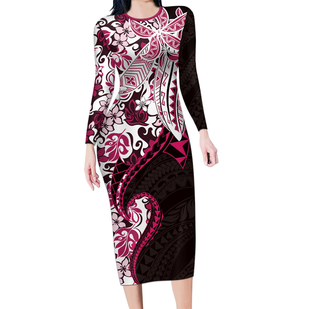 Monstera Plumeria Flowers Pink Long Sleeve Bodycon Dress Polynesian Pattern