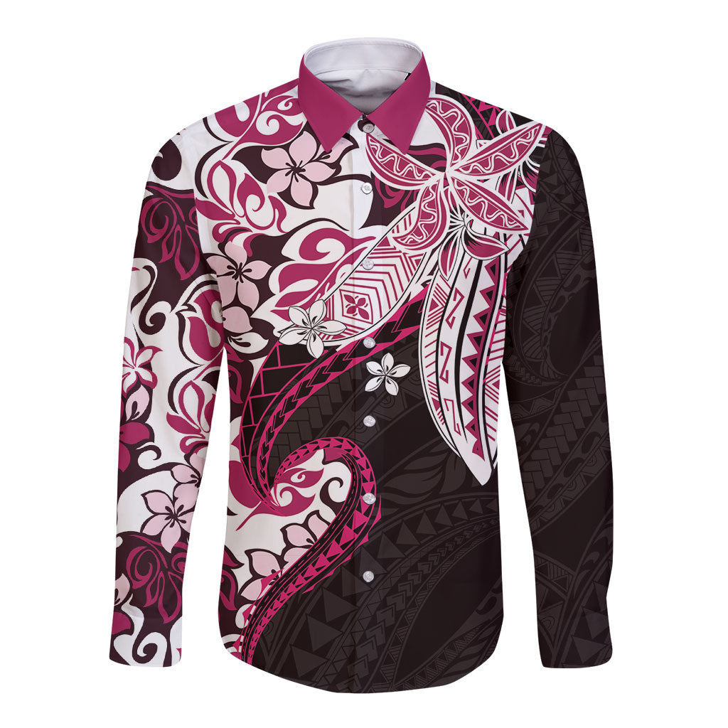 Monstera Plumeria Flowers Pink Long Sleeve Button Shirt Polynesian Pattern