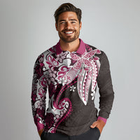 Monstera Plumeria Flowers Pink Long Sleeve Polo Shirt Polynesian Pattern