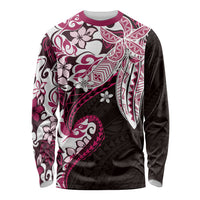 Monstera Plumeria Flowers Pink Long Sleeve Shirt Polynesian Pattern