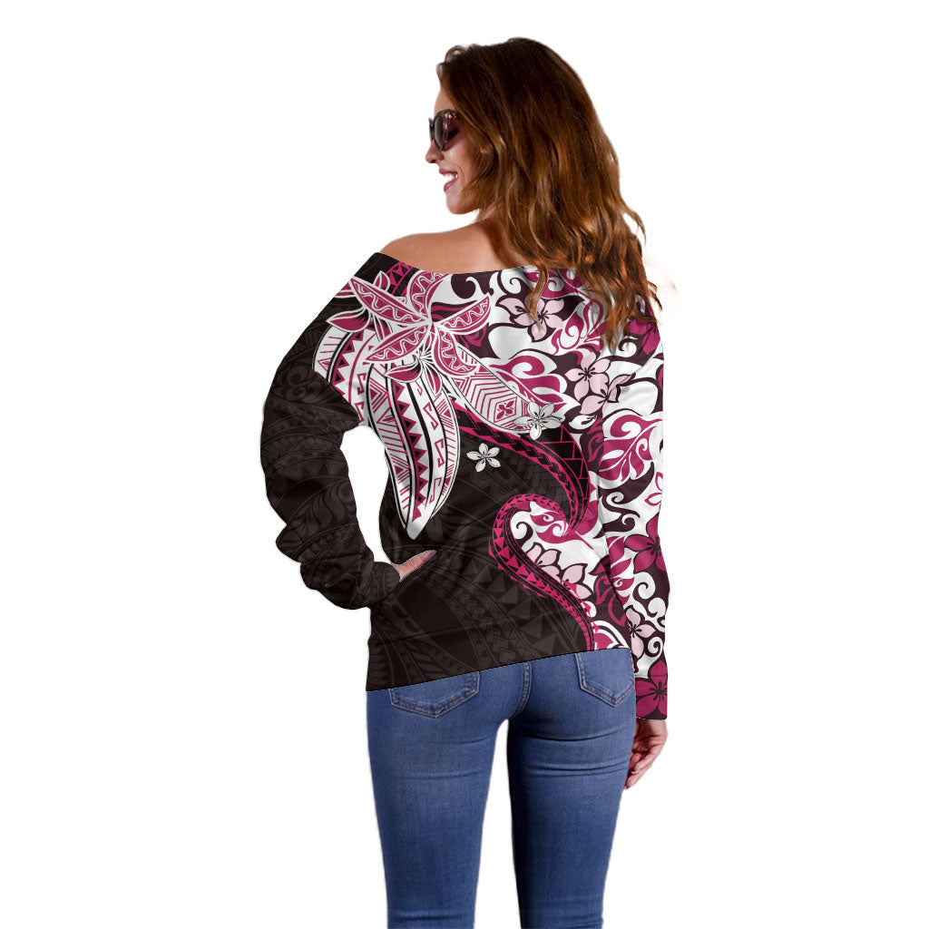 Monstera Plumeria Flowers Pink Off Shoulder Sweater Polynesian Pattern