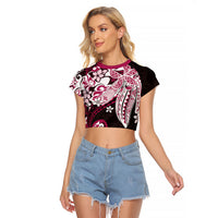 Monstera Plumeria Flowers Pink Raglan Cropped T Shirt Polynesian Pattern