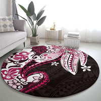 Monstera Plumeria Flowers Pink Round Carpet Polynesian Pattern