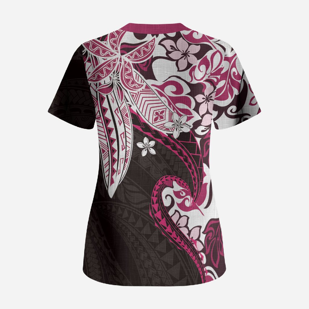 Monstera Plumeria Flowers Pink Scrub Top Polynesian Pattern