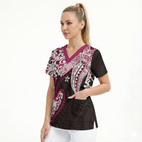 Monstera Plumeria Flowers Pink Scrub Top Polynesian Pattern