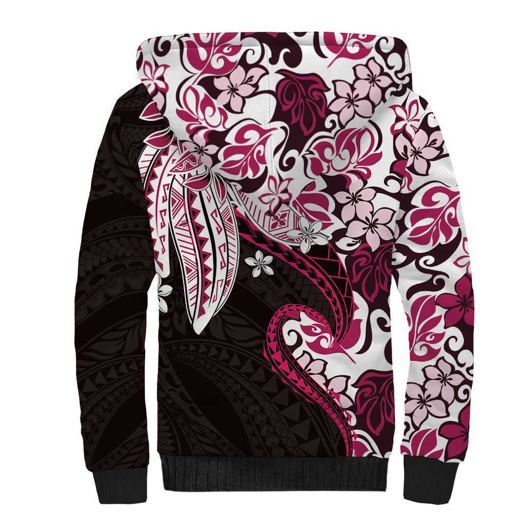 Monstera Plumeria Flowers Pink Sherpa Hoodie Polynesian Pattern