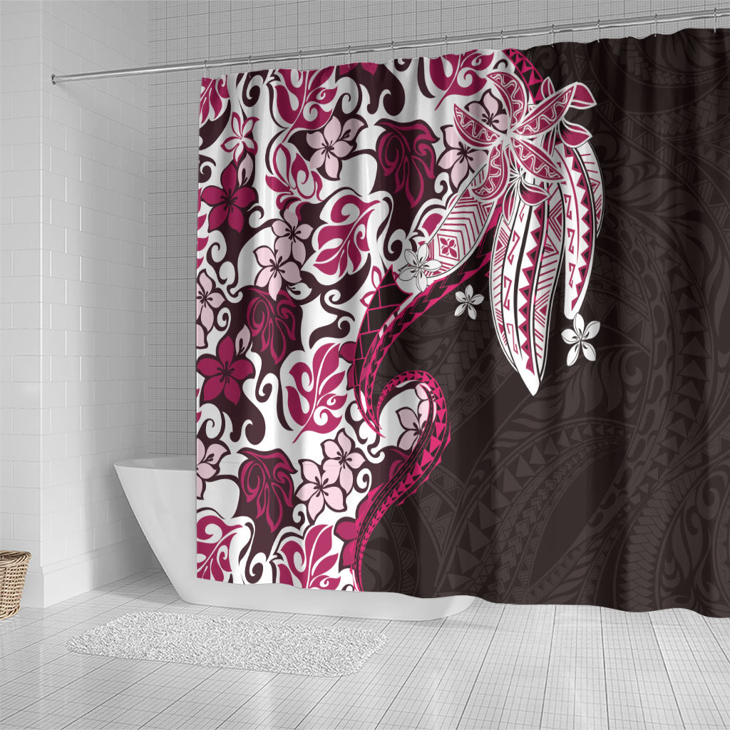 Monstera Plumeria Flowers Pink Shower Curtain Polynesian Pattern