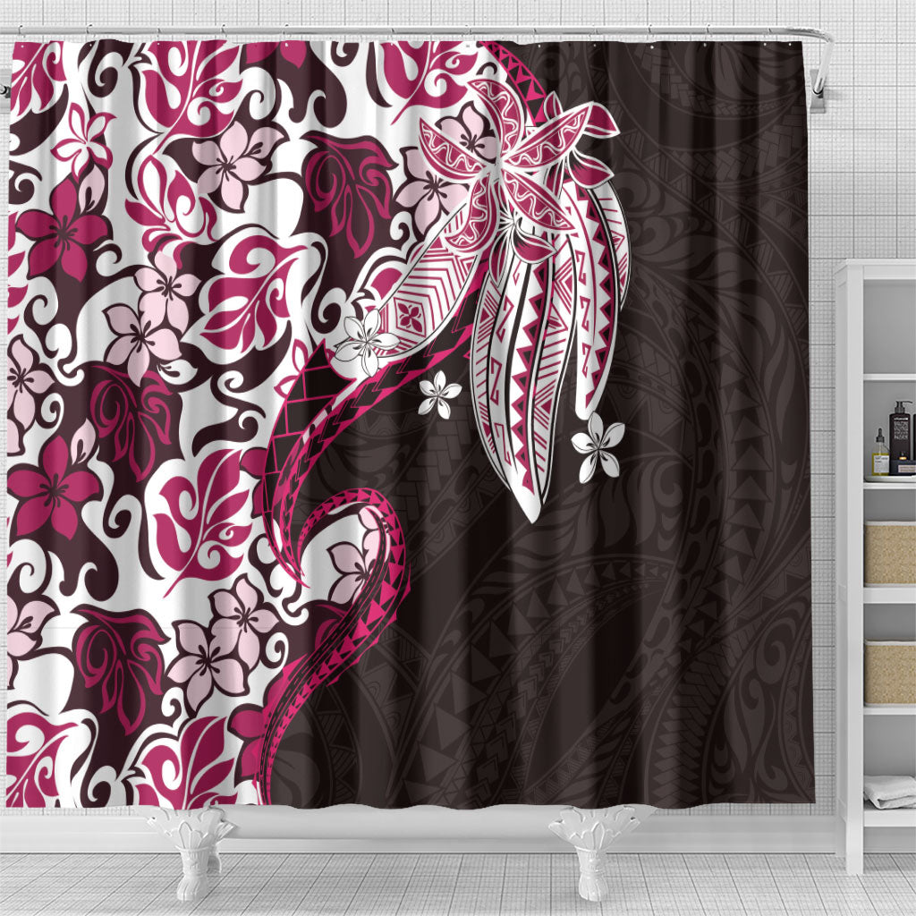 Monstera Plumeria Flowers Pink Shower Curtain Polynesian Pattern