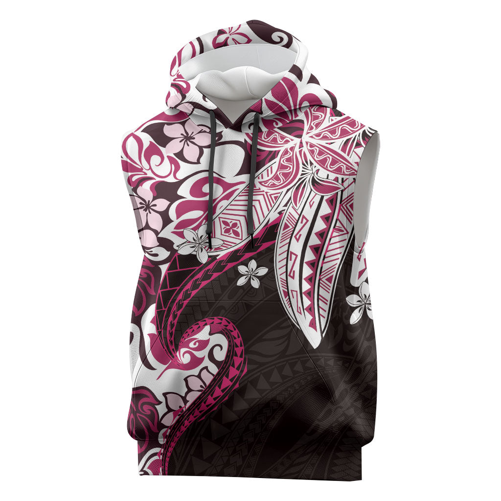 Monstera Plumeria Flowers Pink Sleeveless Hoodie Polynesian Pattern