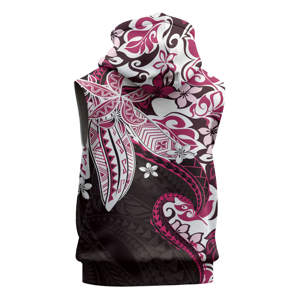 Monstera Plumeria Flowers Pink Sleeveless Hoodie Polynesian Pattern