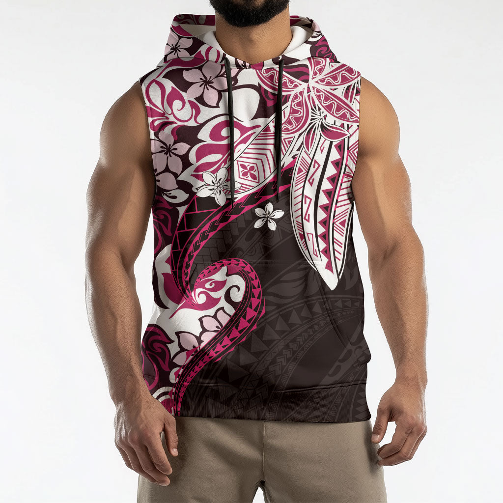 Monstera Plumeria Flowers Pink Sleeveless Hoodie Polynesian Pattern
