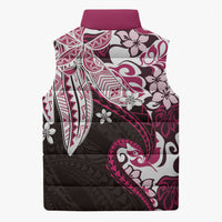 Monstera Plumeria Flowers Pink Sleeveless Puffer Jacket Polynesian Pattern
