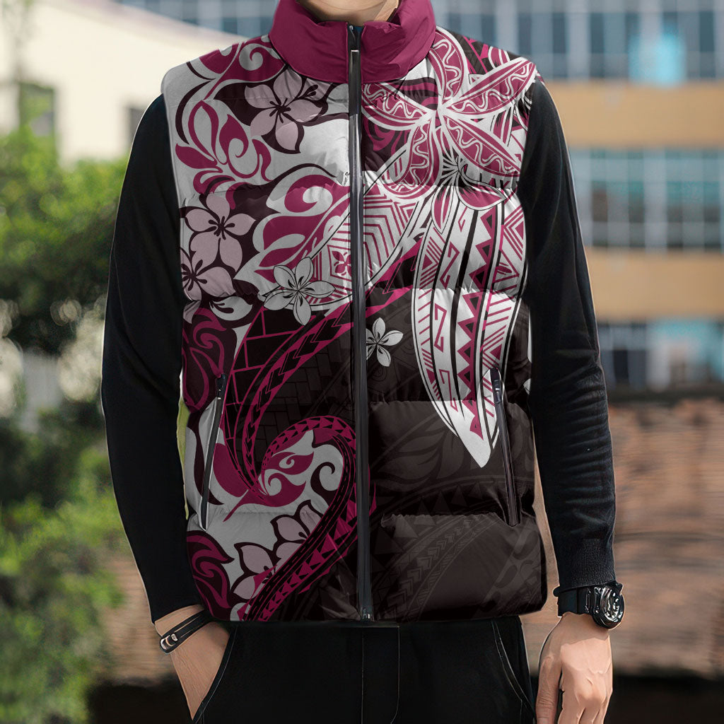 Monstera Plumeria Flowers Pink Sleeveless Puffer Jacket Polynesian Pattern