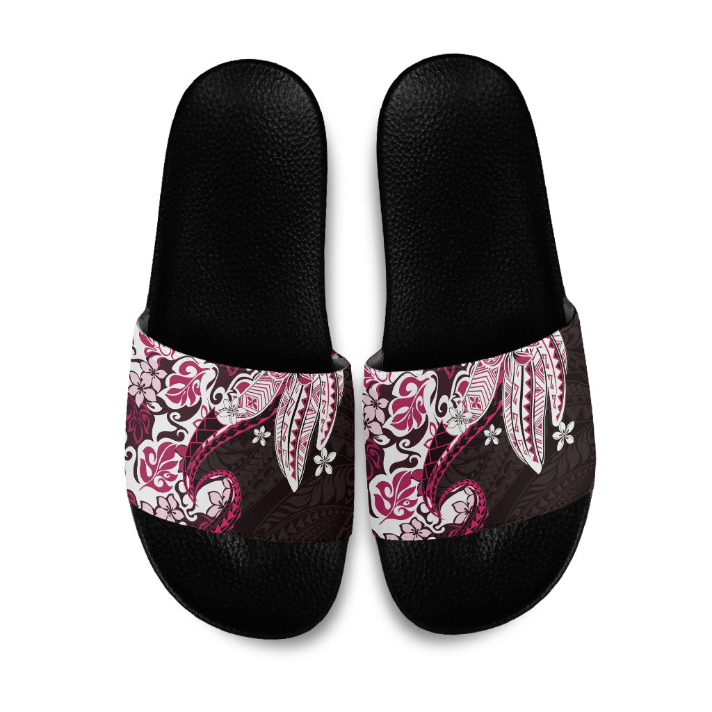 Monstera Plumeria Flowers Pink Slide Sandals Polynesian Pattern