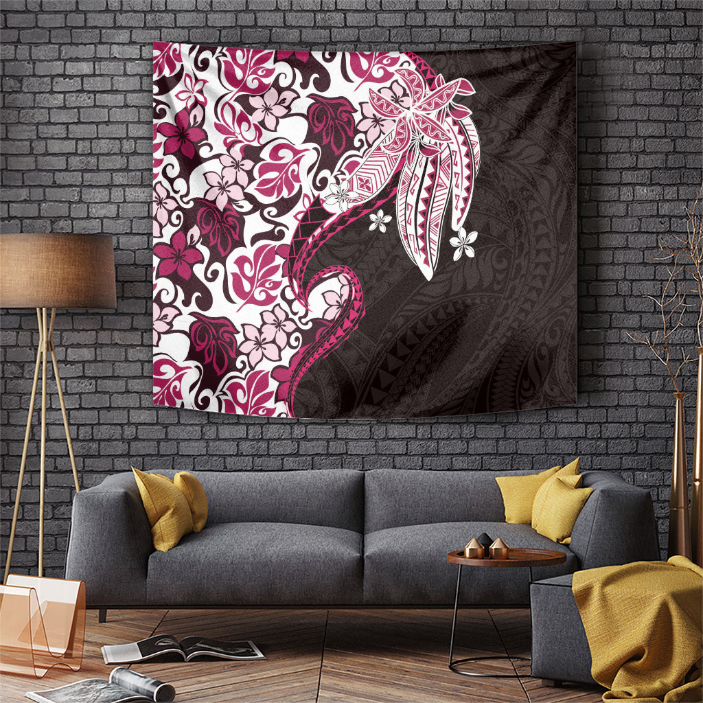 Monstera Plumeria Flowers Pink Tapestry Polynesian Pattern