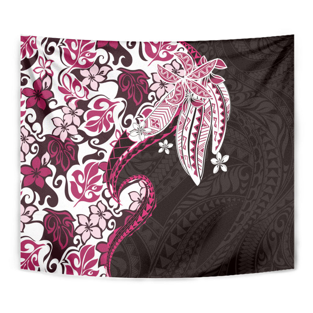 Monstera Plumeria Flowers Pink Tapestry Polynesian Pattern