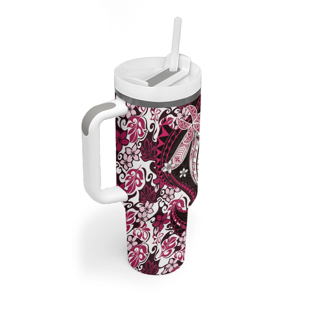 Monstera Plumeria Flowers Pink Tumbler With Handle Polynesian Pattern