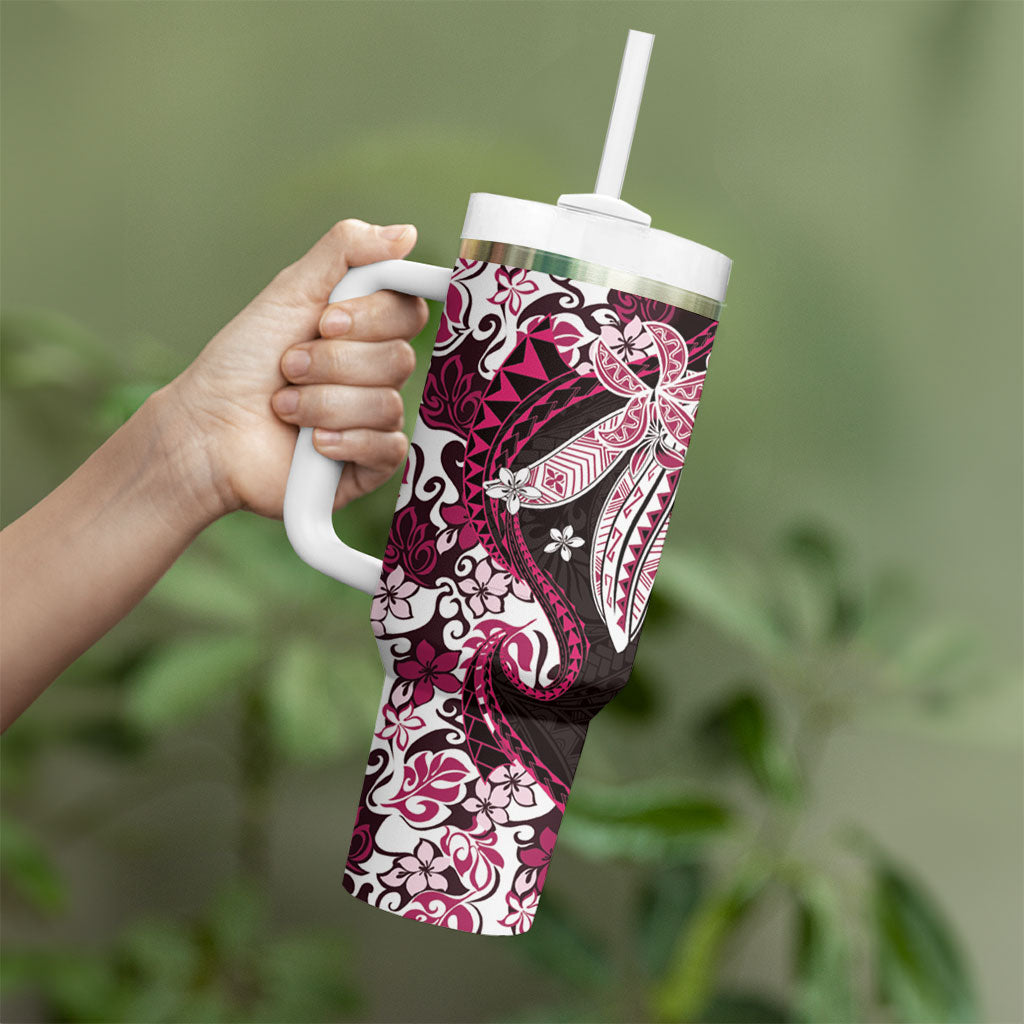 Monstera Plumeria Flowers Pink Tumbler With Handle Polynesian Pattern