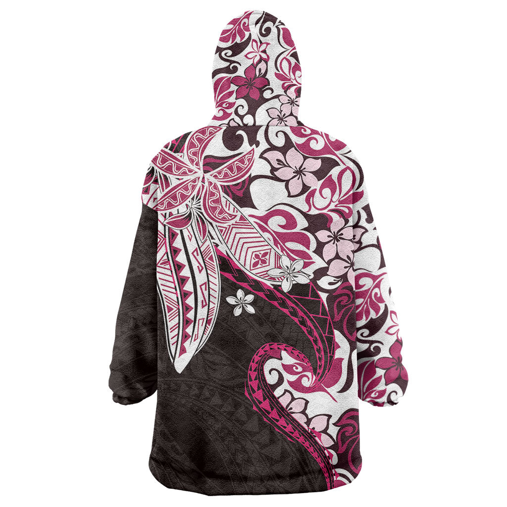Monstera Plumeria Flowers Pink Wearable Blanket Hoodie Polynesian Pattern