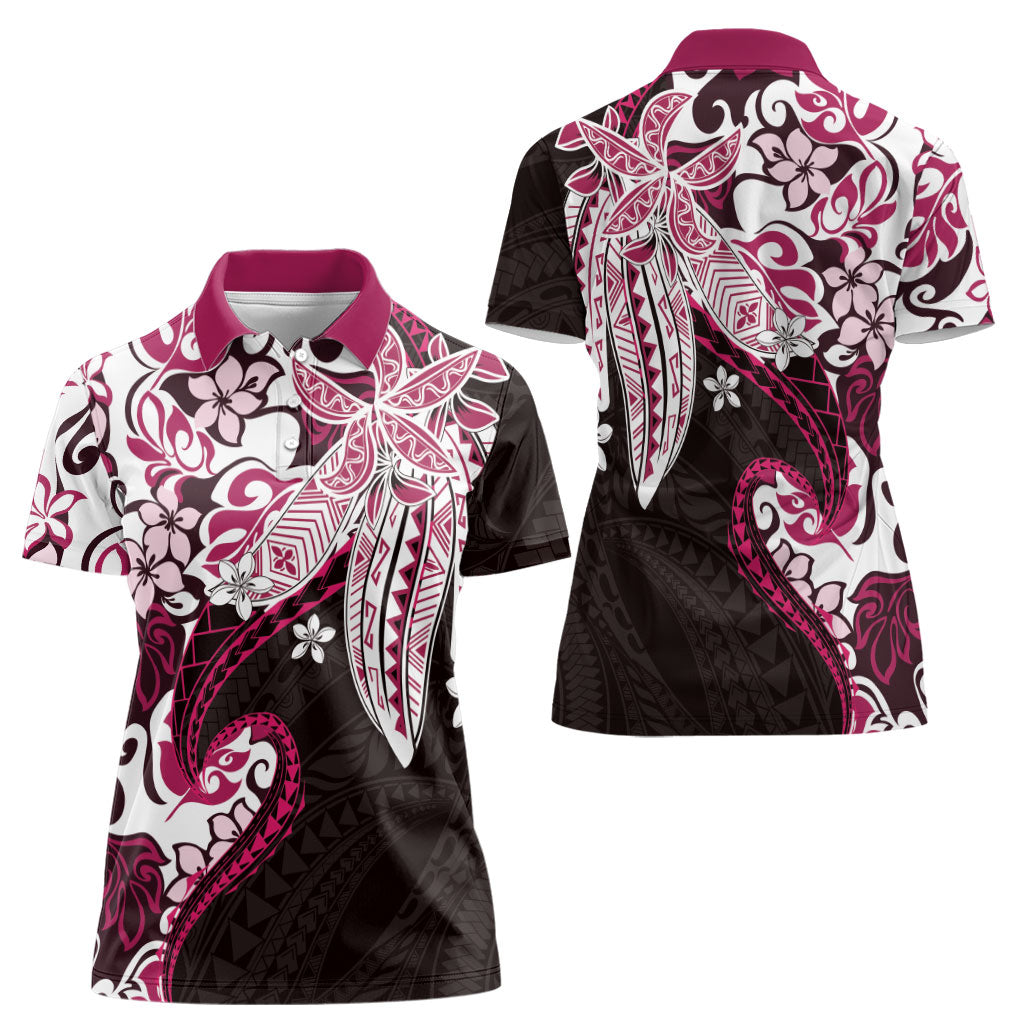 Monstera Plumeria Flowers Pink Women Polo Shirt Polynesian Pattern
