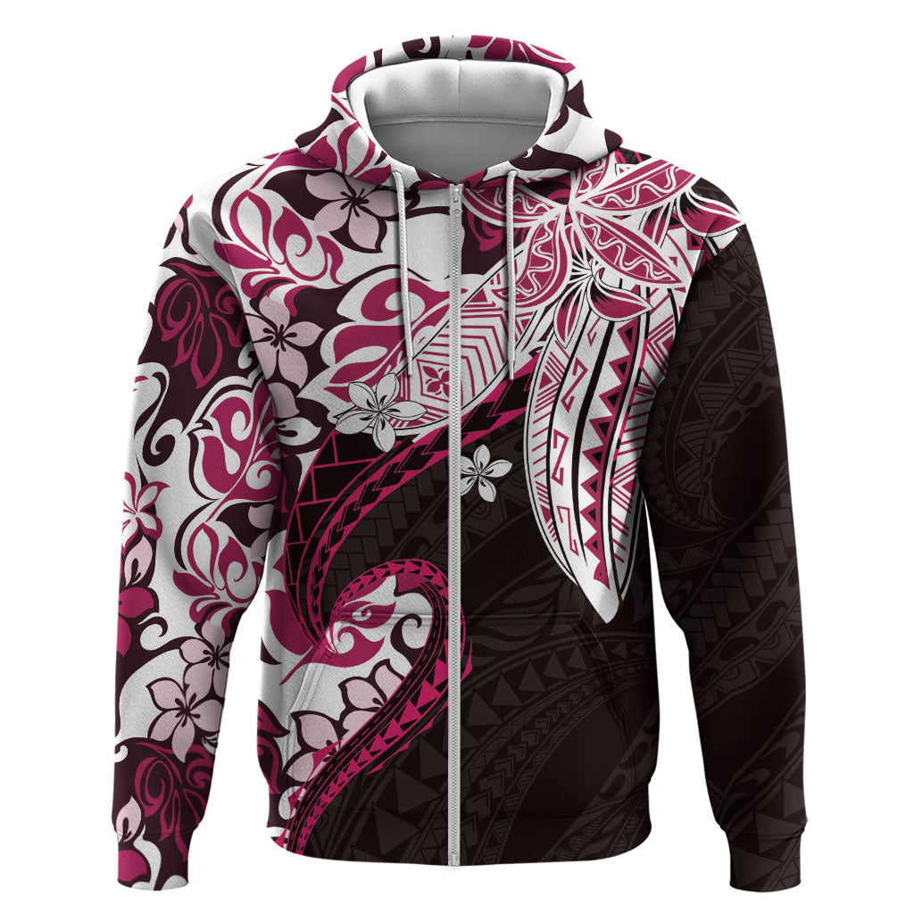 Monstera Plumeria Flowers Pink Zip Hoodie Polynesian Pattern