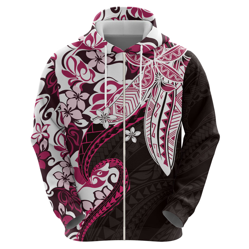 Monstera Plumeria Flowers Pink Zip Hoodie Polynesian Pattern