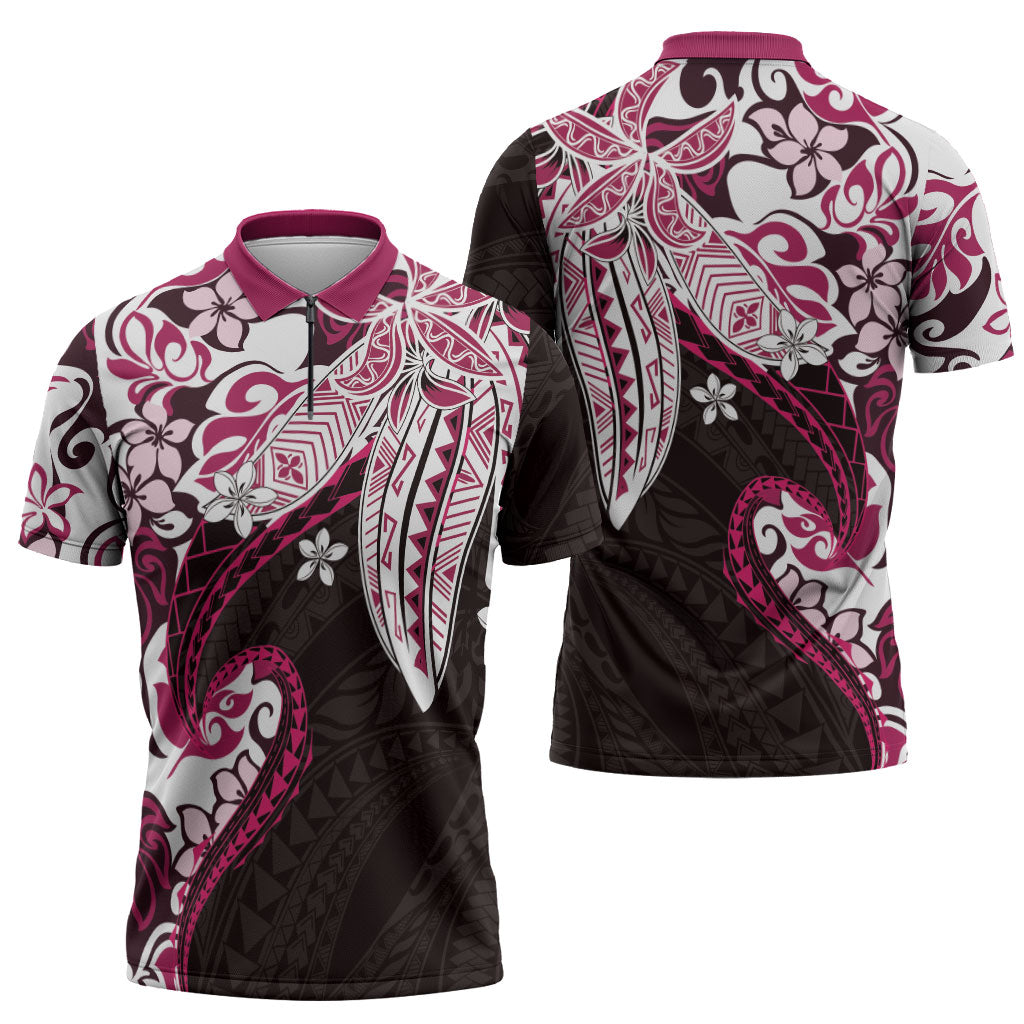Monstera Plumeria Flowers Pink Zipper Polo Shirt Polynesian Pattern