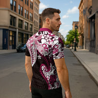 Monstera Plumeria Flowers Pink Zipper Polo Shirt Polynesian Pattern