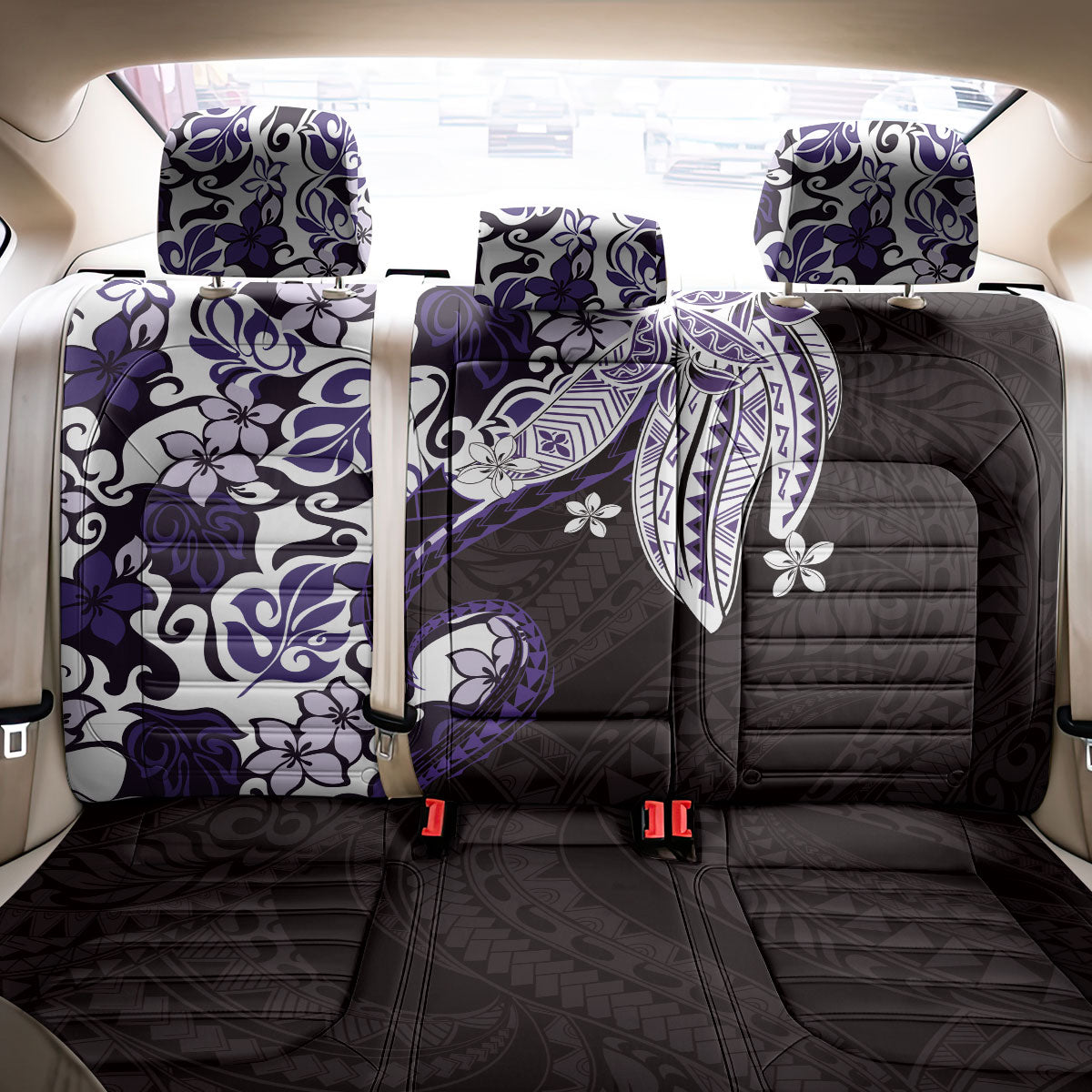 Monstera Plumeria Flowers Purple Back Car Seat Cover Polynesian Pattern