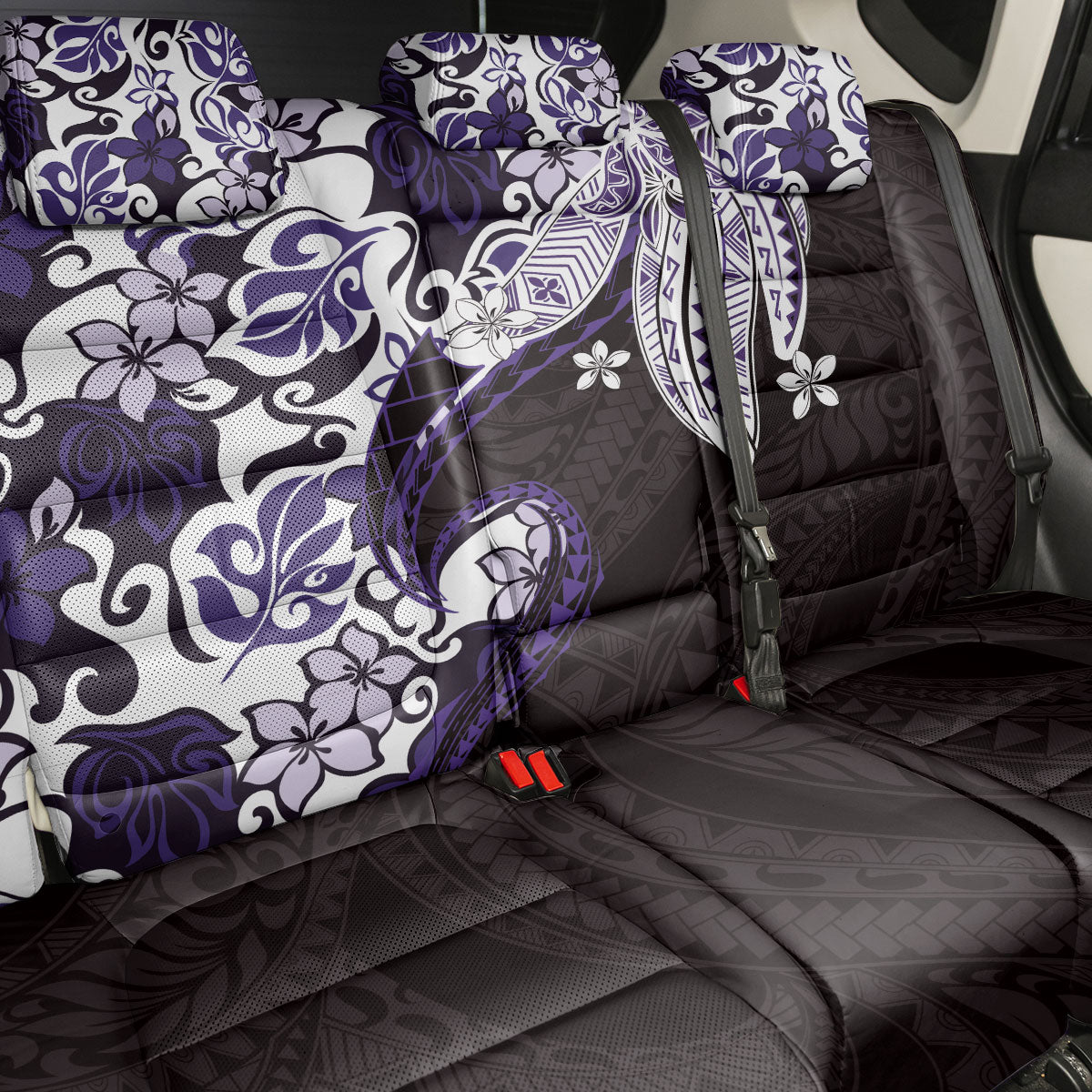 Monstera Plumeria Flowers Purple Back Car Seat Cover Polynesian Pattern